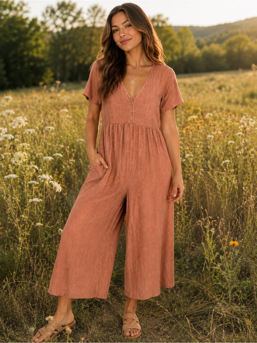 Three Bird Nest Rust-Tone V-Neck Wide-Leg Jumpsuit